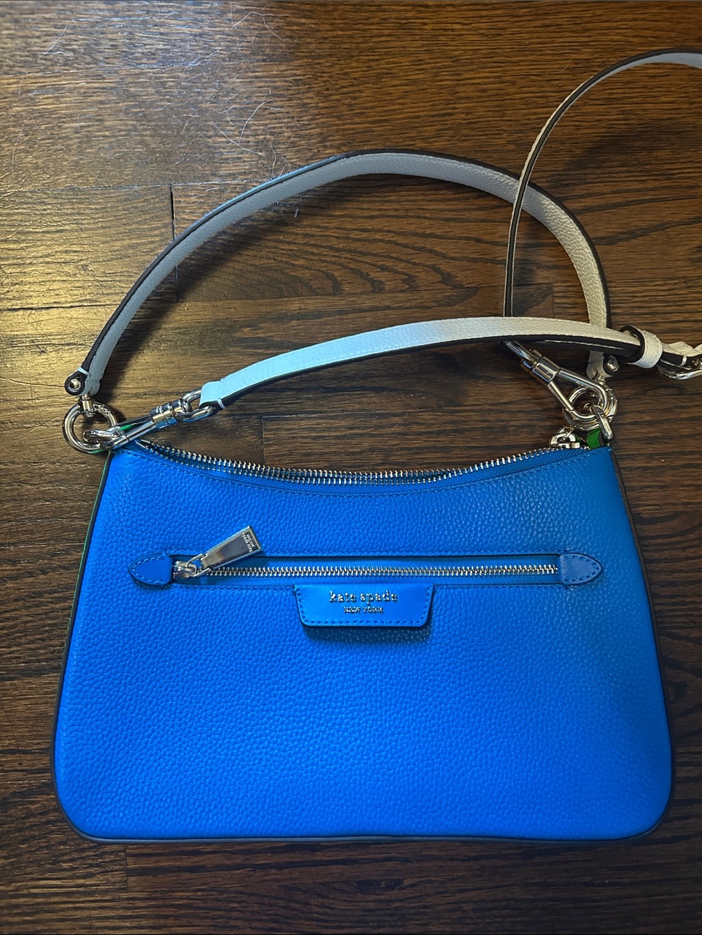 kate spade Bright color block Blue Pebbled Leather Crossbody with White Strap
